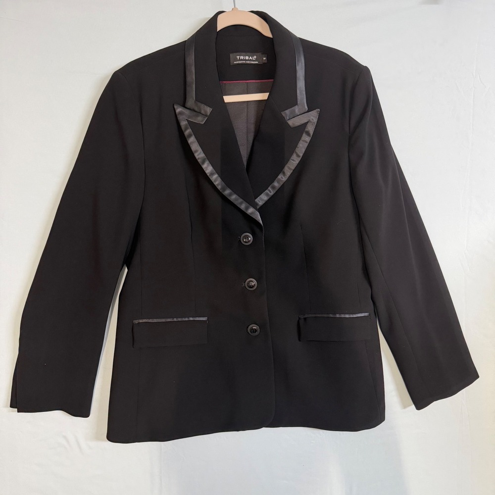 Tribalโ Size-14 Womens Blazer Jacket Black Satin Trim Peak Lapel Three Button